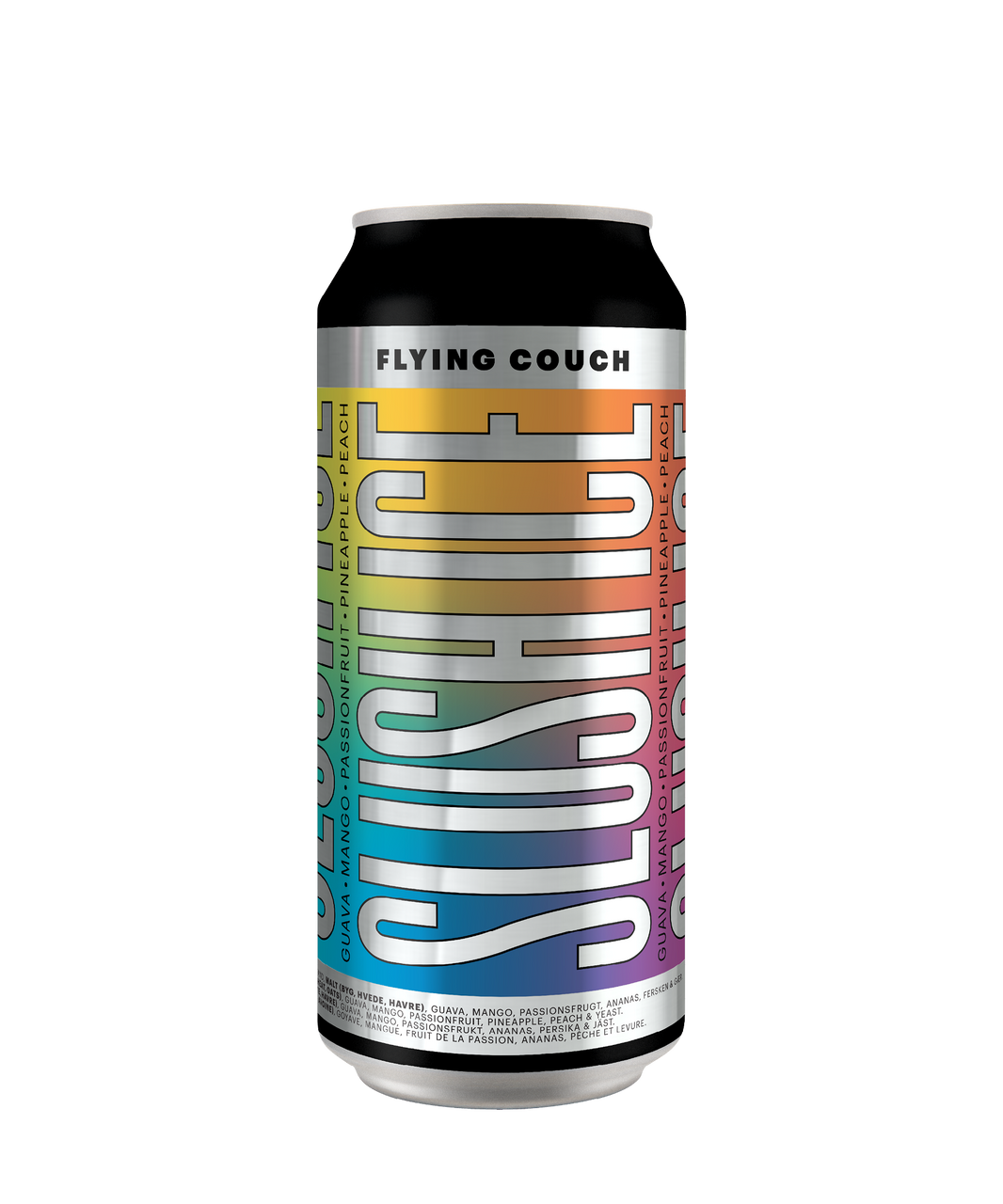 Slushice er en frugtig sour øl brygget med Mango, Fersken, Ananas, Passionsfrugt og Guava - craft beer 44 cl dåse fra Flying Couch mikro bryggeri.