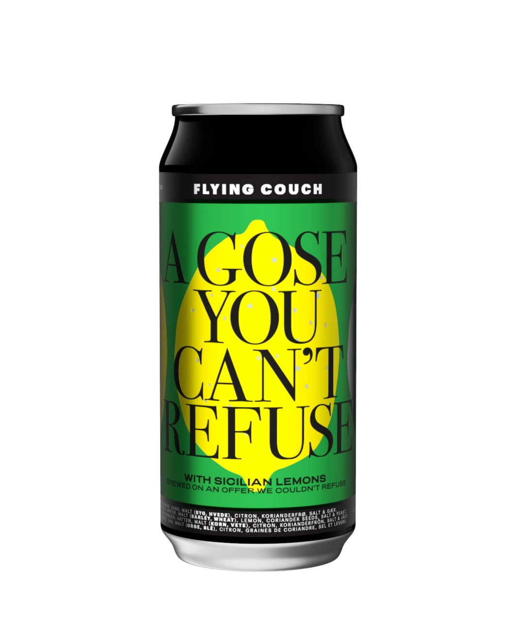 A Gose You Can't Refuse er en Gose sour øl brygget med Sicilianske citroner, koriander frø og salt  - 44 CL dåse craft beer fra Flying Couch mikrobryggeri.